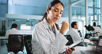 Clipboard, research and science with woman in laboratory for healthcare, medical or pharmaceutical innovation. Microscope, study and thinking with mature scientist in clinical trial for development