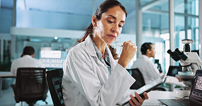 Buy stock photo Clipboard, research and science with woman in laboratory for healthcare, medical or pharmaceutical innovation. Microscope, study and thinking with mature scientist in clinical trial for development