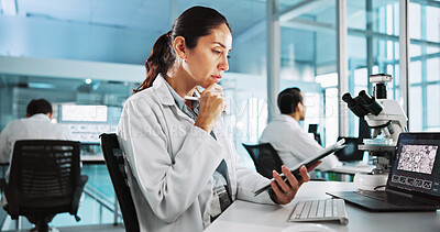 Buy stock photo Scientist, woman and tablet with thinking for experiment, results or medical research study on laptop. Biotech, laboratory and analysis with DNA on computer screen for pharmaceutical RNA or biology