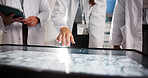 Scientist, people and hands with screen for research review, medical lab and innovation. Computer table, interactive display and clinical analysis for science data study, teamwork or results meeting