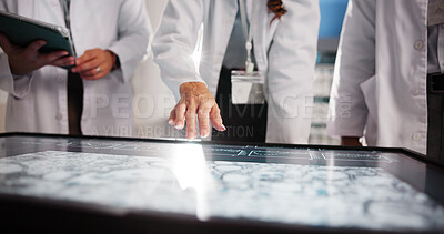 Buy stock photo Scientist, people and hands with screen for research review, medical lab and innovation. Computer table, interactive display and clinical analysis for science data study, teamwork or results meeting