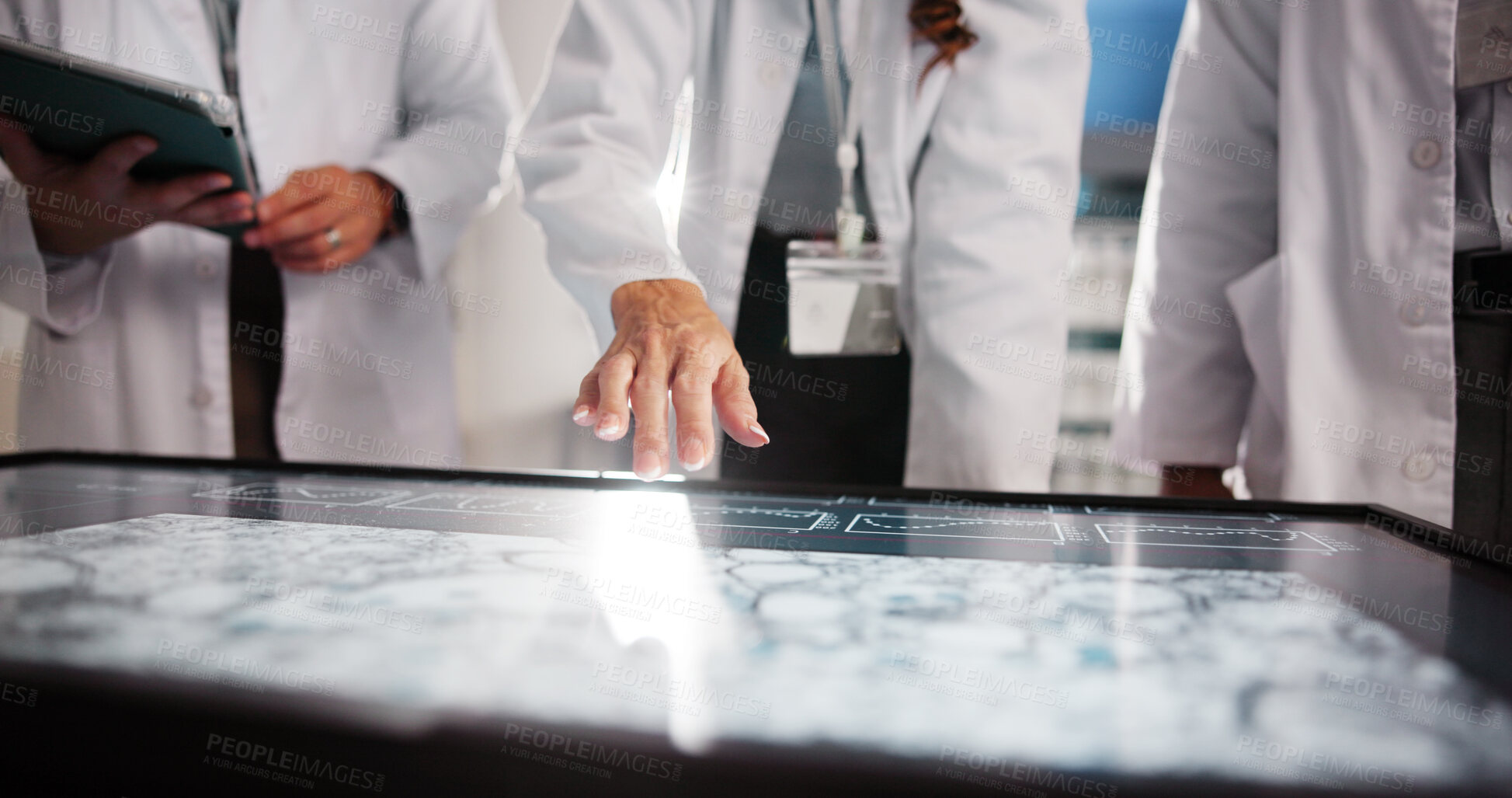 Buy stock photo Scientist, people and hands with screen for research review, medical lab and innovation. Computer table, interactive display and clinical analysis for science data study, teamwork or results meeting