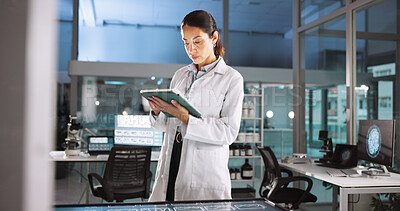 Buy stock photo Woman, scientist and check tablet in lab for research, medical investigation and pharmaceutical report. Person, digital and biology studying, information and experiment feedback for neurology results