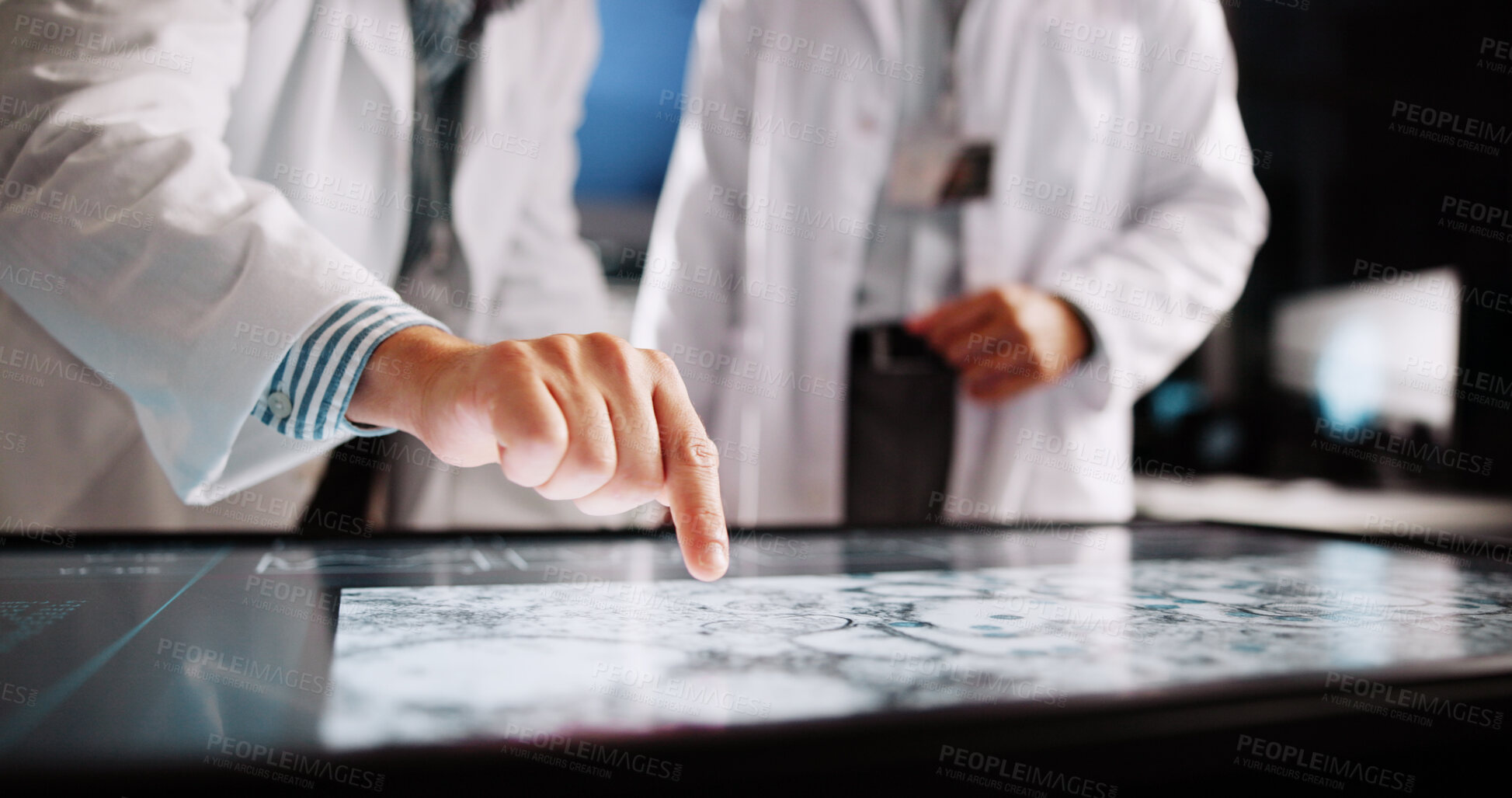 Buy stock photo Scientist, hands and pointing with screen for lab review, medical research or teamwork. Computer table, interactive display and clinical analysis for science data, people meeting and study results