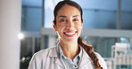 Happy, woman and portrait of scientist in laboratory with confidence for medical research. Smile, professional and female biologist with pride for pharmaceutical innovation, discovery or project.
