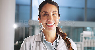 Buy stock photo Happy, woman and portrait of scientist in laboratory with confidence for medical research. Smile, professional and female biologist with pride for pharmaceutical innovation, discovery or project.