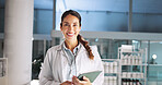Portrait, woman and scientist on tablet in lab for research, medical investigation and pharmaceutical report. Person, smile and digital for about us, biology study and information of vaccine solution