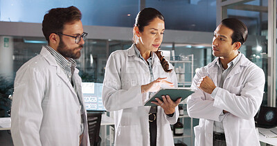 Buy stock photo Group, scientist and meeting on tablet in lab for research, medical investigation and pharmaceutical report. People, explain and digital for planning, biology study and information for neurology exam