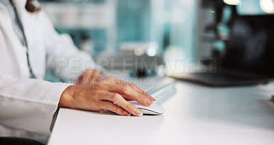 Buy stock photo Science, employee and hands with mouse, research and scientist with info for healthcare and clinic. Lab, pharmaceutical and person with tech for medical study, closeup and innovation for medicine