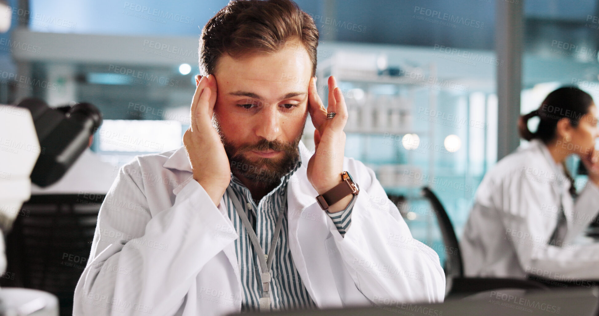 Buy stock photo Scientist, man and headache with research for biology, stress or medical analysis anxiety. Biotech, laboratory and microscope with strain for RNA study burnout or chemical experiment project crisis