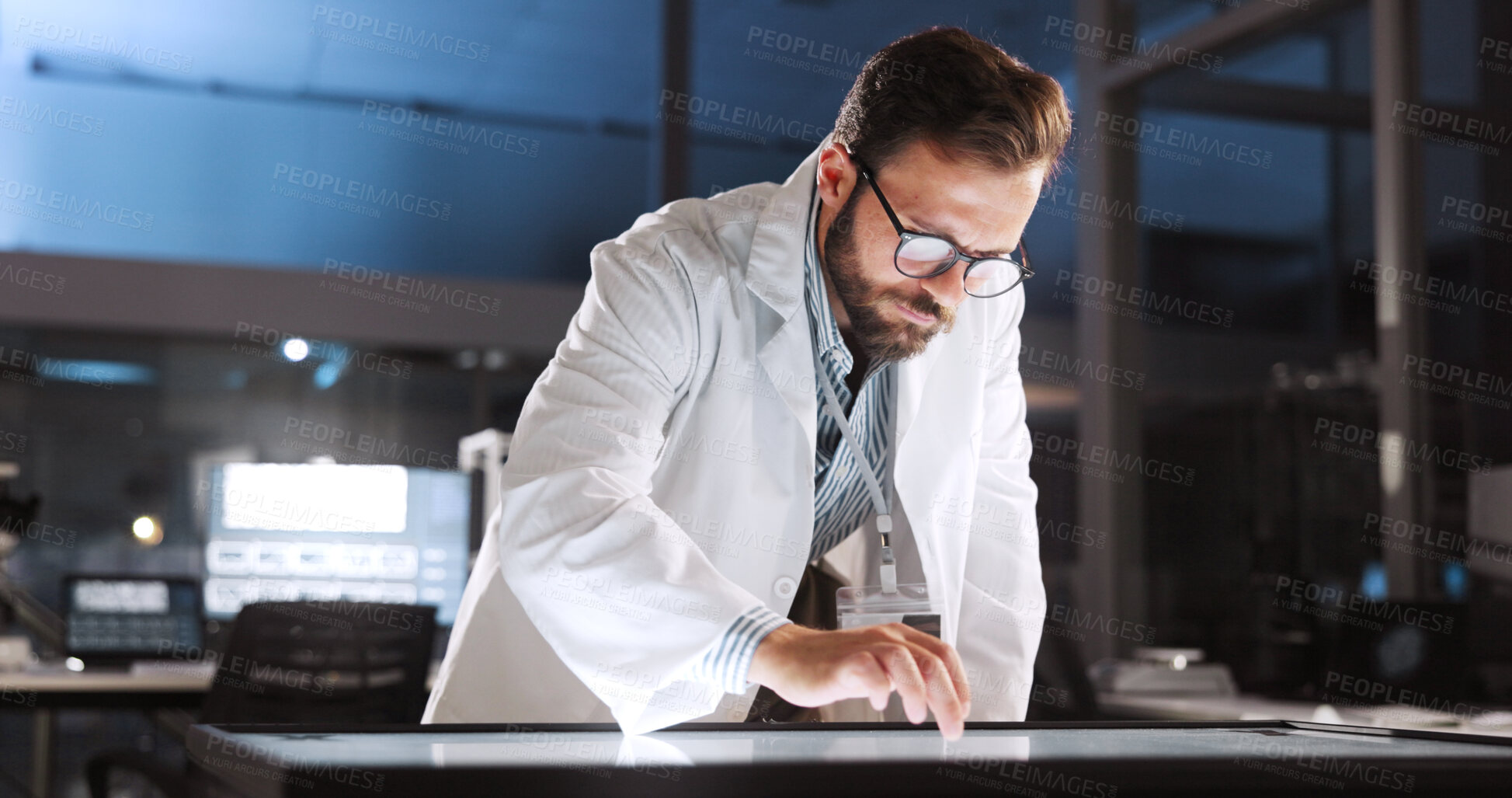 Buy stock photo Scientist, man and report with touchscreen for study review, medical research or innovation. Computer table, interactive display and clinical analysis for biotech science data, laboratory and results