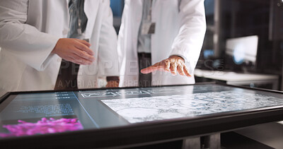 Buy stock photo Scientist, people and hands with screen for lab review, medical research or innovation. Computer table, interactive display and clinical analysis for studying science data, teamwork or results