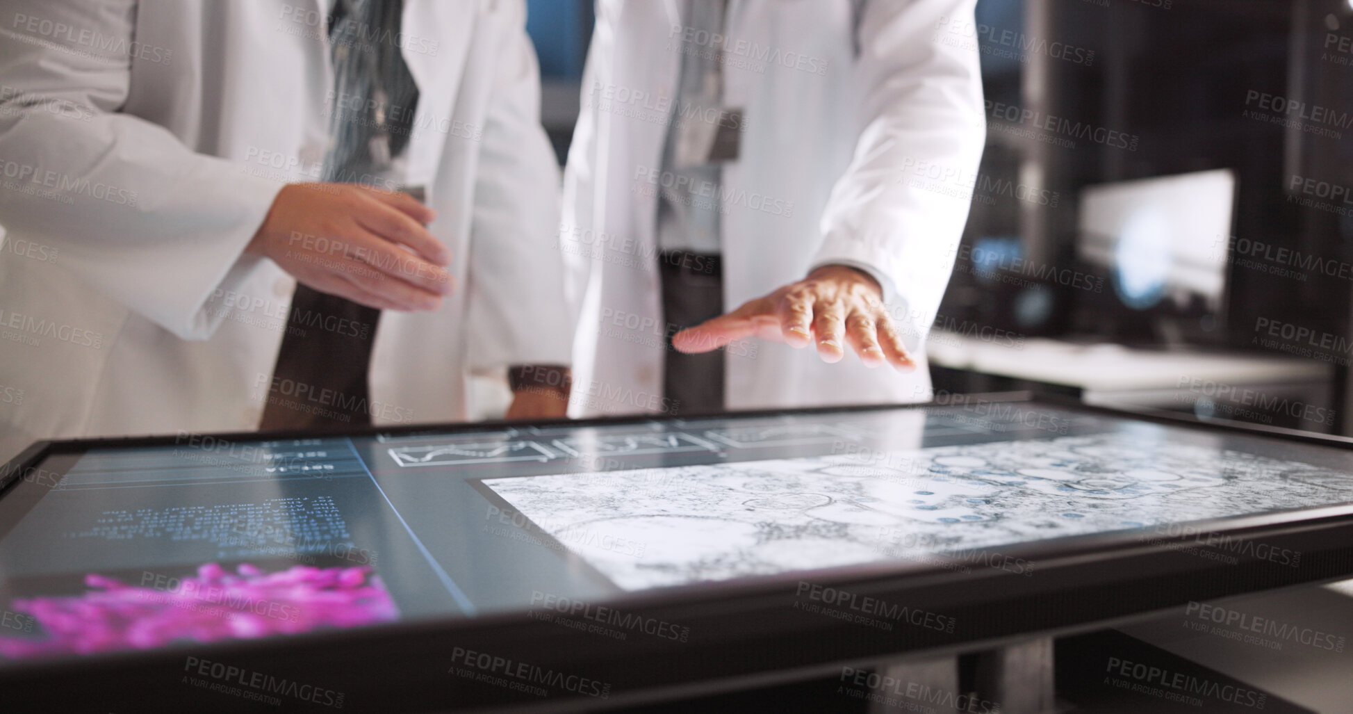 Buy stock photo Scientist, people and hands with screen for lab review, medical research or innovation. Computer table, interactive display and clinical analysis for studying science data, teamwork or results