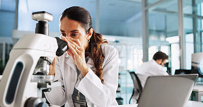 Buy stock photo Woman, scientist and microscope in lab with research for medical development, virus or bacteria. Person, equipment and clinical study for vaccine with sample, dna and review for pharmaceutical trial