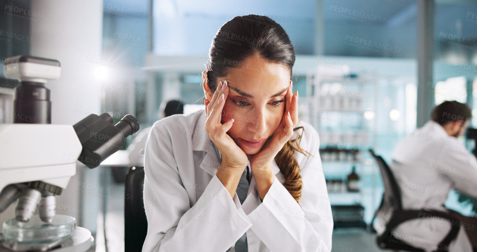 Buy stock photo Woman, scientist and headache in lab with pain for medical research, virus and stress for job. Person, migraine and clinical study for vaccine with burnout, exhausted and fatigue in pharma career