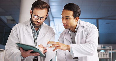 Buy stock photo Men, scientist and meeting on tablet in lab for research, medical investigation and pharmaceutical report. People, explain and digital with planning, biology study and information of vaccine solution