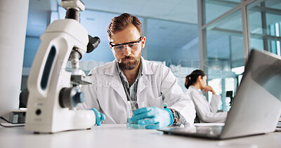 Buy stock photo Scientist, man and chemistry with laptop for research, breakthrough or medical notes analysis. Biotech, laboratory and microscope with DNA for pharmaceutical RNA study or chemical experiment project