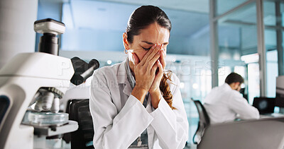 Buy stock photo Woman, scientist and frustrated with mistake in lab with laptop, review and worry for results with medical research. Person, stress and glitch with error, fail or 404 notification with clinical study
