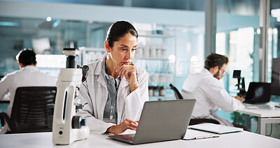 Buy stock photo Thinking, laptop and reading with woman in laboratory for clinical trail, reflection and research. Medical journal report,  vision and pharmacy drug development with person for healthcare and science
