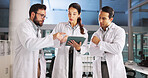 Group, scientist and meeting on tablet in lab of research, medical investigation and pharmaceutical report. People, explain and digital for planning, biology study and information of vaccine solution