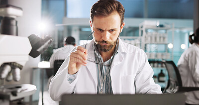 Buy stock photo Science, laptop and glasses with man in laboratory for clinical trail, reading and research. Medical journal report, review and pharmacy drug development with person for healthcare and biotechnology