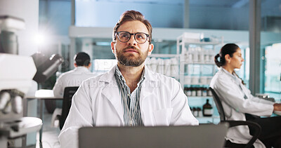 Buy stock photo Thinking, laptop and idea with man in laboratory for clinical trail, reflection and research. Medical journal report,  vision and pharmacy drug development with person for healthcare and science