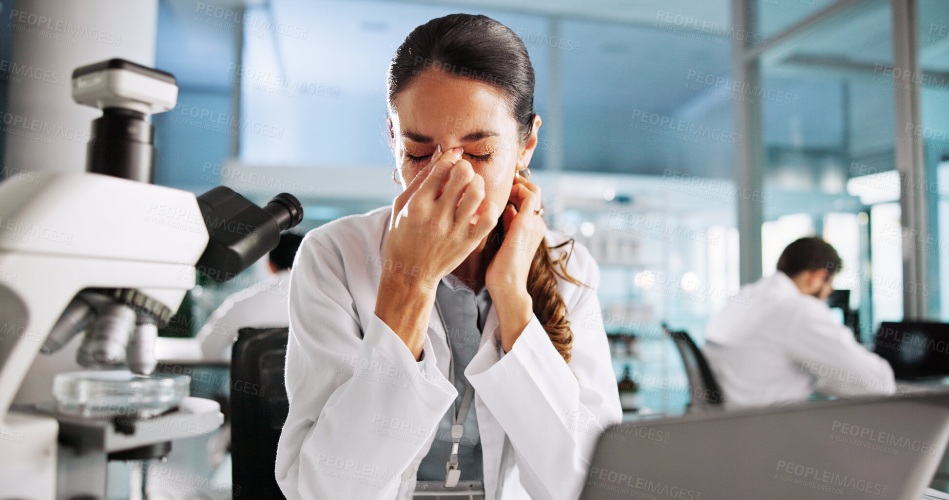 Buy stock photo Scientist, woman and headache with laptop for biology, stress or medical analysis anxiety. Biotech, laboratory and microscope with strain for RNA study burnout or chemical experiment project crisis