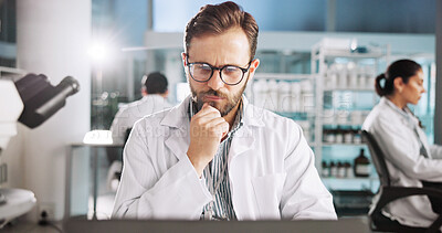 Buy stock photo Thinking, online and glasses with man in laboratory for clinical trail, reflection and research. Medical journal report,  vision and pharmacy drug development with person for healthcare and science