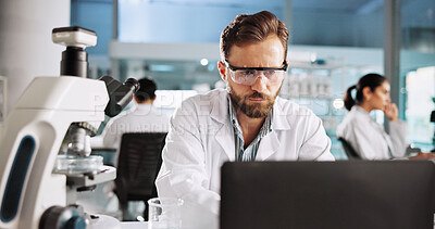Buy stock photo Glasses, laptop and science with man in laboratory for clinical trail, online and research. Medical digital report, review and pharmacy drug development with person for healthcare and biotechnology