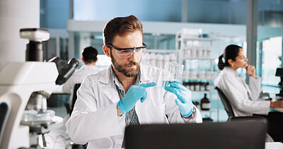Buy stock photo Scientist, man and chemistry with laptop for study, breakthrough or medical notes research. Biotech, laboratory and microscope with DNA for pharmaceutical RNA analysis or chemical experiment project