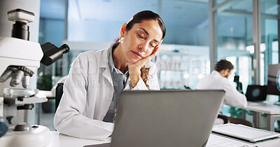 Buy stock photo Scientist, woman and tired with laptop for biology, overtime or medical analysis anxiety. Biotech, laboratory and microscope with sleep for RNA study burnout or chemical experiment project crisis