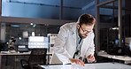 Scientist, man and mockup with screen for lab review, medical research or innovation. Computer table, interactive display and clinical analysis for studying science data, laboratory and results