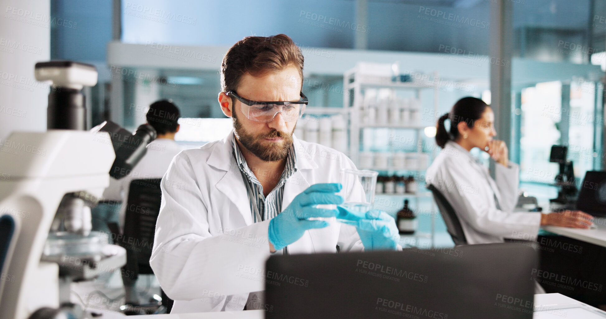 Buy stock photo Scientist, man and chemistry with laptop for project, breakthrough or medical notes research. Biotech, laboratory and microscope with DNA for pharmaceutical RNA analysis or chemical experiment study