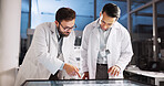 Scientist, people and meeting with screen for lab review, medical research or innovation. Computer table, interactive display and clinical analysis for studying science data, teamwork or results