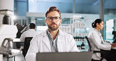 Buy stock photo Thinking, laptop and science with man in laboratory for clinical trail, reflection and research. Medical journal report,  vision and pharmacy drug development with person for healthcare and idea