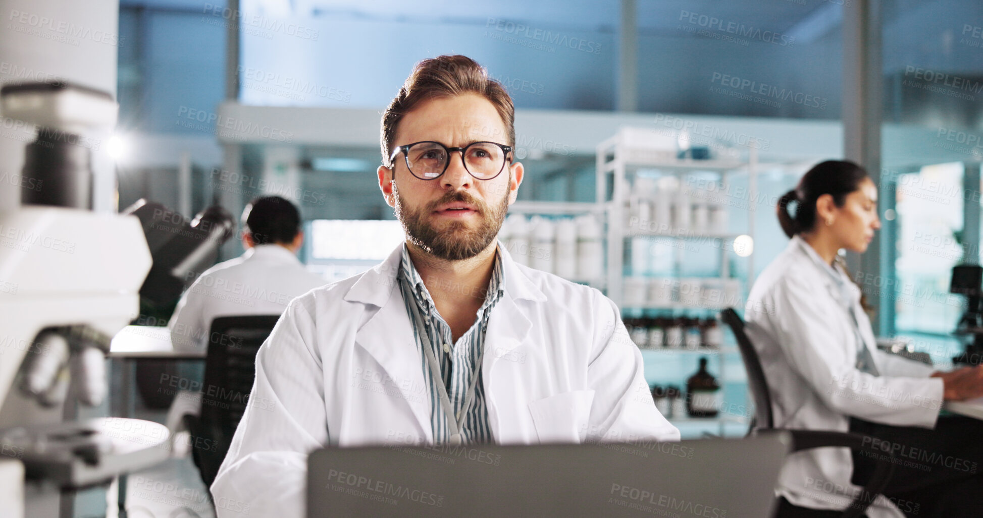 Buy stock photo Thinking, laptop and science with man in laboratory for clinical trail, reflection and research. Medical journal report,  vision and pharmacy drug development with person for healthcare and idea