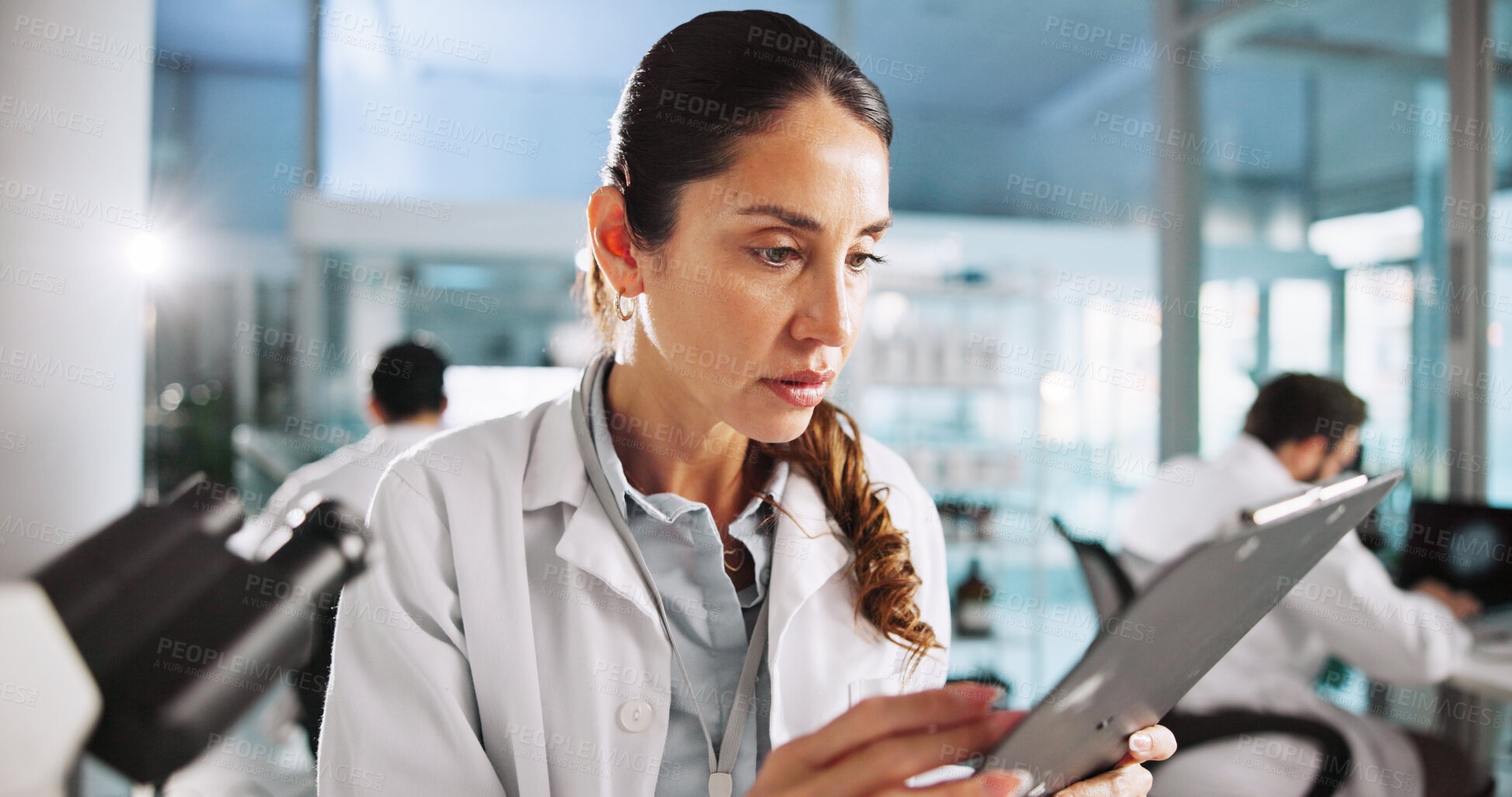 Buy stock photo Tablet, woman and scientist in laboratory for project for medical study, research or report. Science, technology and female biologist with pharmaceutical innovation for healthcare investigation.