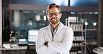 Portrait, research and man in lab, arms crossed and career ambition with confidence. Face, happy person and scientist in workplace, medical innovation and development for cure, pride and smile