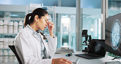 Buy stock photo Scientist, woman and headache with computer for biology, stress or medical analysis anxiety. Research, laboratory and screen with strain for RNA study burnout or chemical experiment project crisis