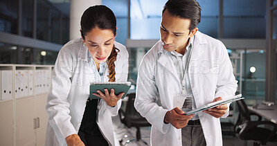 Buy stock photo People, scientist and tablet in lab for research, medical investigation and pharmaceutical report. Staff, digital and team planning for biology study, information and innovation of experiment results