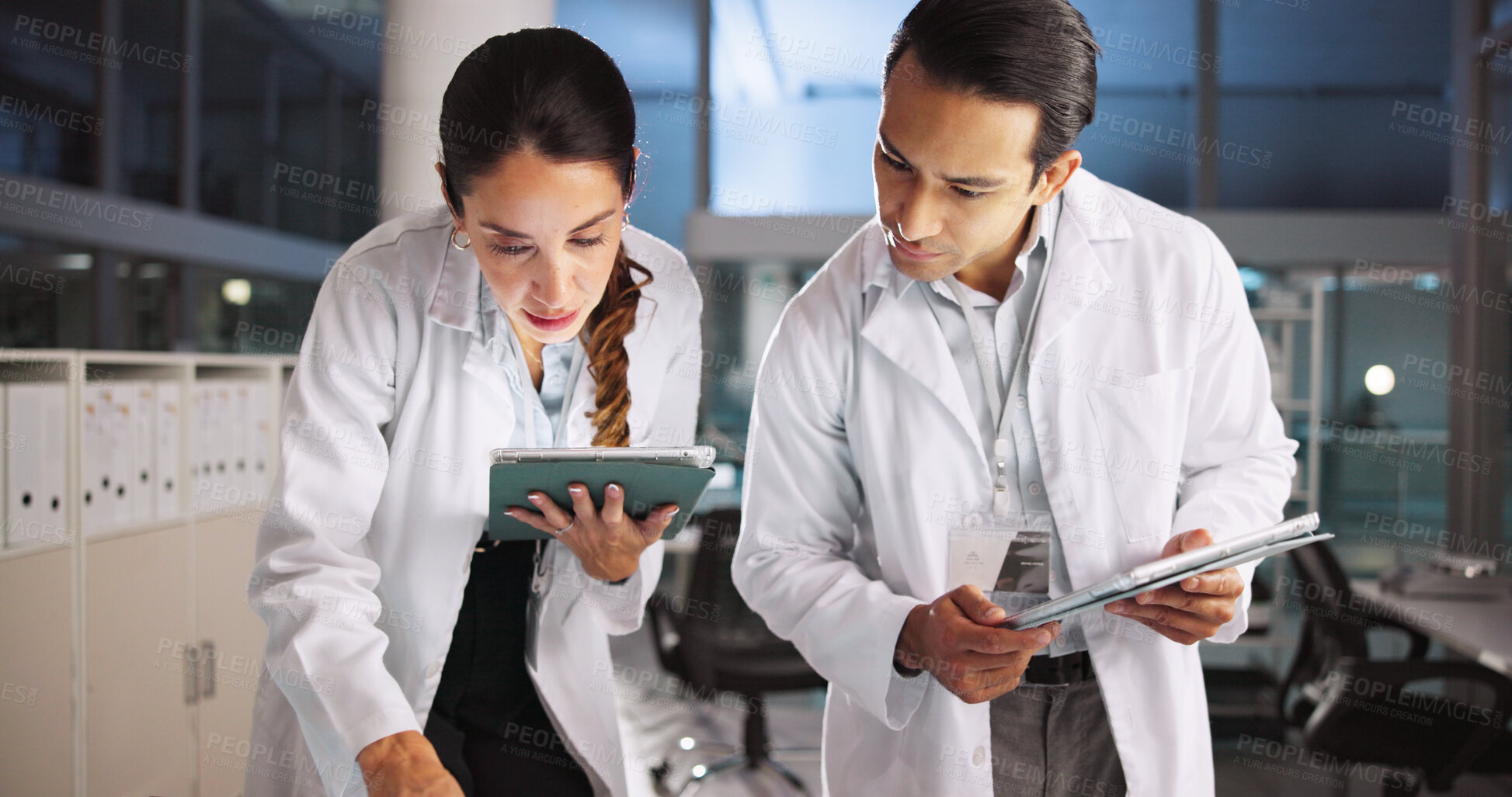 Buy stock photo People, scientist and tablet in lab for research, medical investigation and pharmaceutical report. Staff, digital and team planning for biology study, information and innovation of experiment results