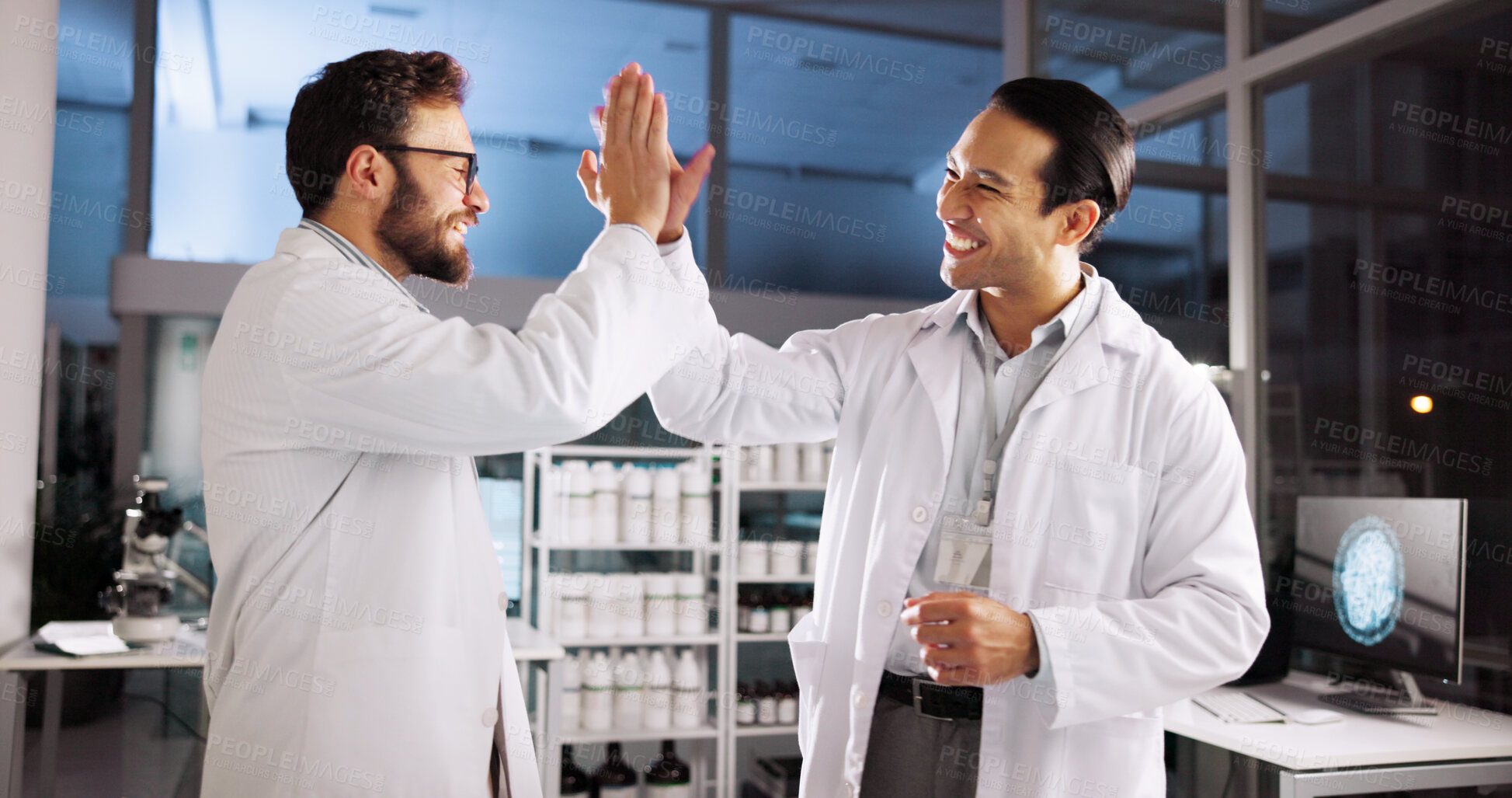 Buy stock photo Scientist, men and high five with success at laboratory, smile and goals with medical research, cheers and breakthrough. People, partnership and happy with celebration, innovation and cure for virus