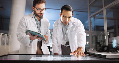 Buy stock photo Scientist, men and meeting with screen for lab review, medical research or innovation. Computer table, interactive display and biotech clinical analysis for science data study, teamwork or results