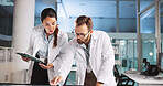Scientist, people and meeting with tablet for review, medical research or innovation. Computer table, interactive display and clinical biotech partnership for science, teamwork study or results