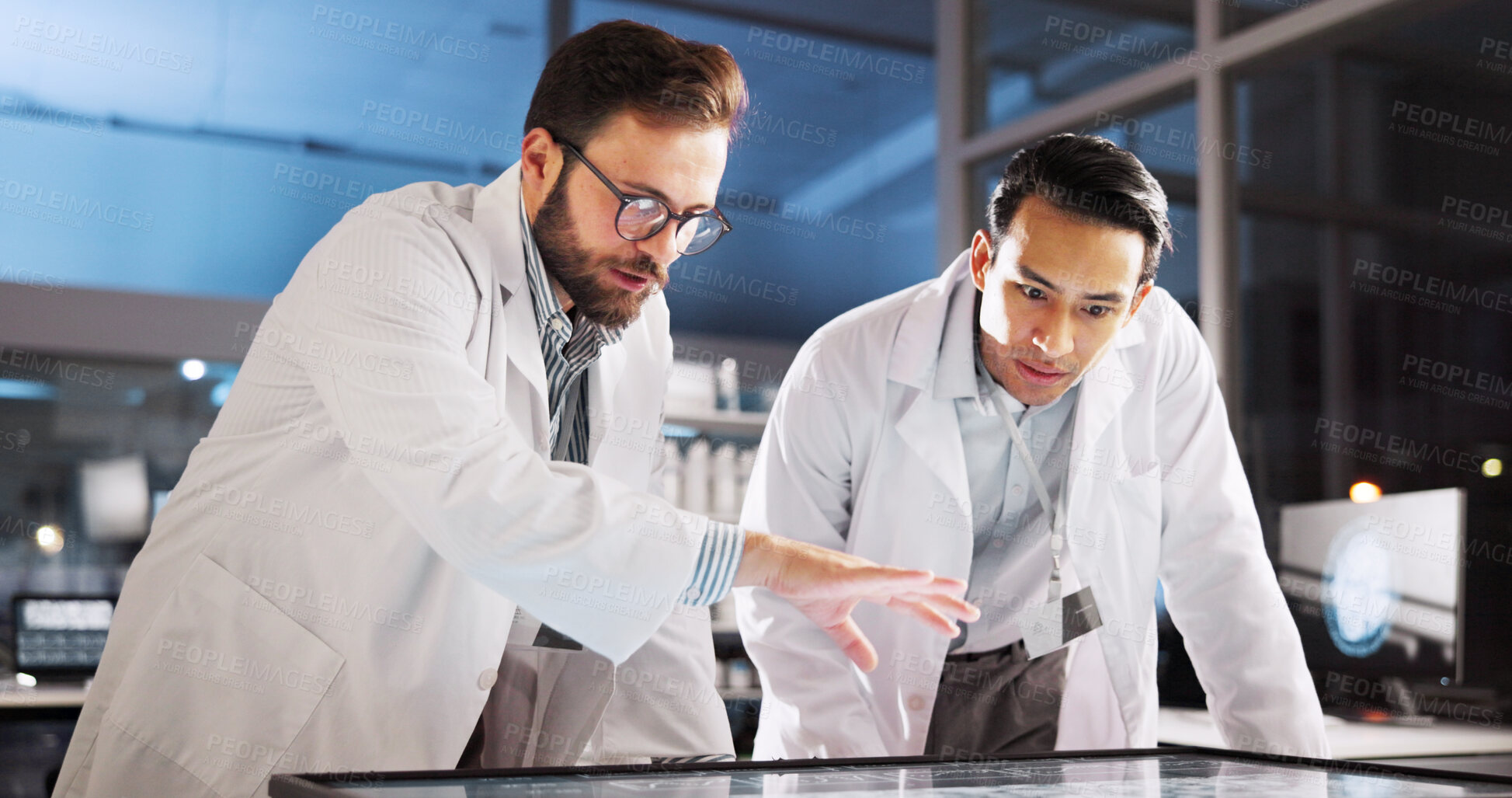 Buy stock photo Scientist, people and collaboration with screen for lab review, medical research or teamwork. Technology, interactive display and clinical analysis for studying science data, meeting or results
