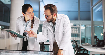 Buy stock photo Scientist, people and teamwork with tablet for review, medical research or innovation. Computer table, interactive display and clinical biotech partnership for science, study meeting or results