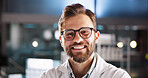 Portrait, research and man in workplace, science and glasses with career ambition, pride and confidence. Face, person and employee in lab, scientist and eyewear with biotech for vaccine development