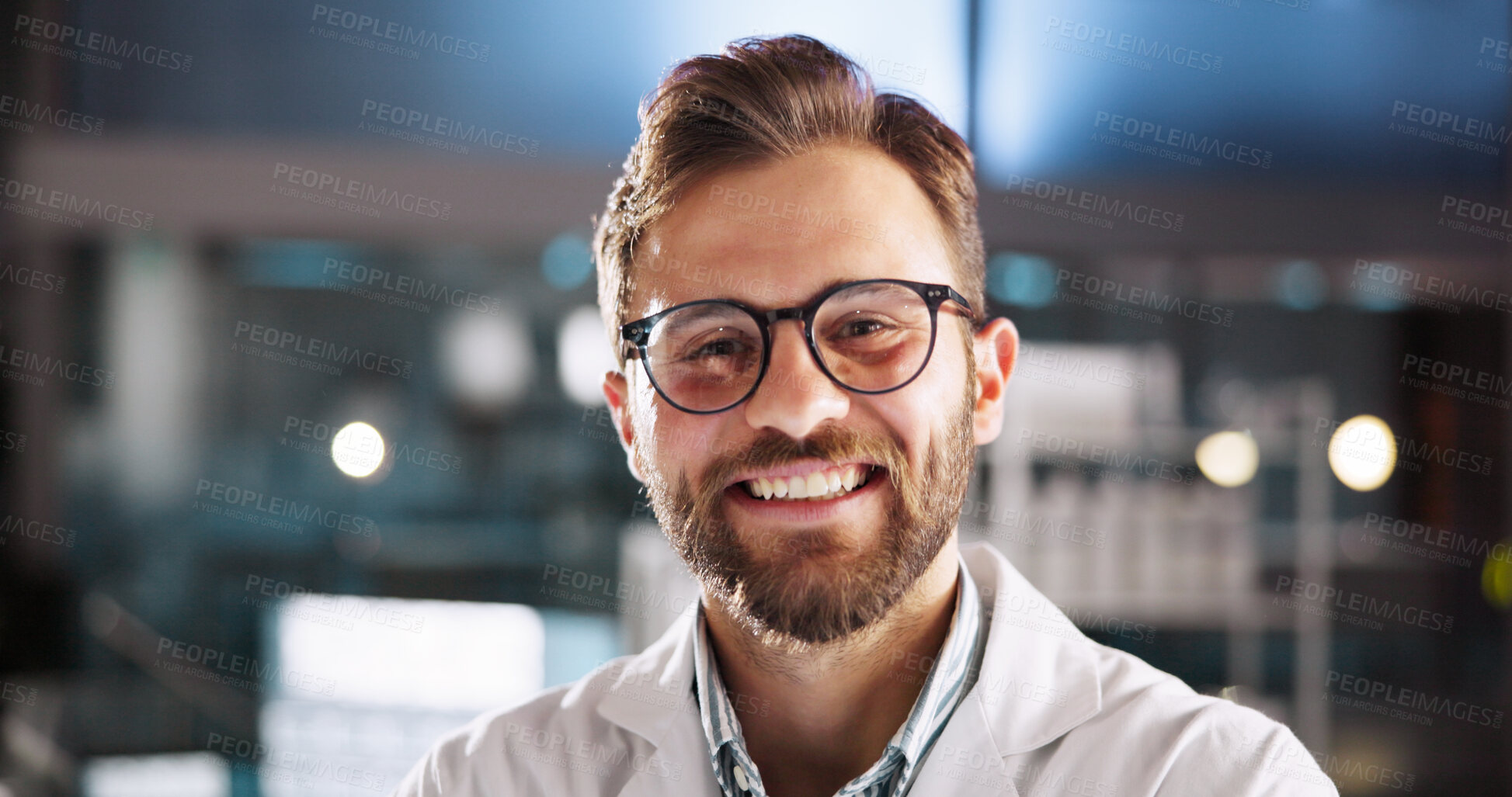 Buy stock photo Portrait, smile and man in workplace, science and glasses with career ambition, pride and night. Face, person or employee in lab, scientist or eyewear with biotech for vaccine development or research