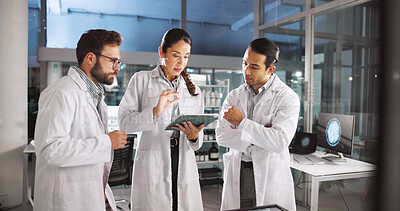 Buy stock photo People, scientist and talk in meeting on tablet with research, medical investigation and pharmaceutical report. Staff, explain and digital with planning, biology study and information for brain virus