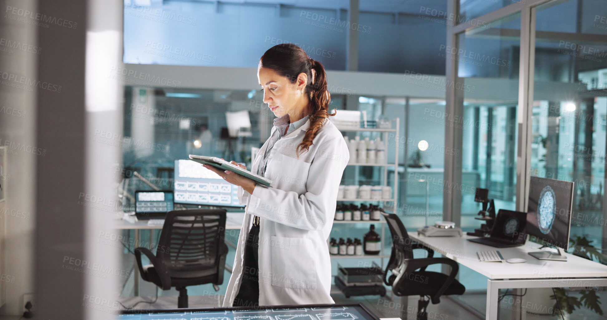 Buy stock photo Woman, scientist and tablet in lab for research, medical investigation and pharmaceutical report. Person, review and digital for biology study, information and experiment update for neurology results